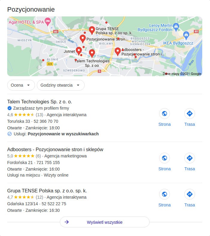 Wyniki wyszukiwania w mapkach Google